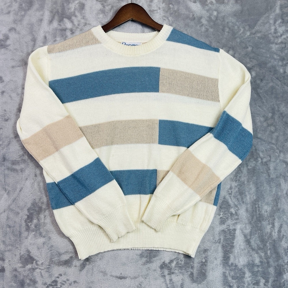 Vintage Campus Sport Block Stripe Mens Pullover Crew Neck Sweater Medium